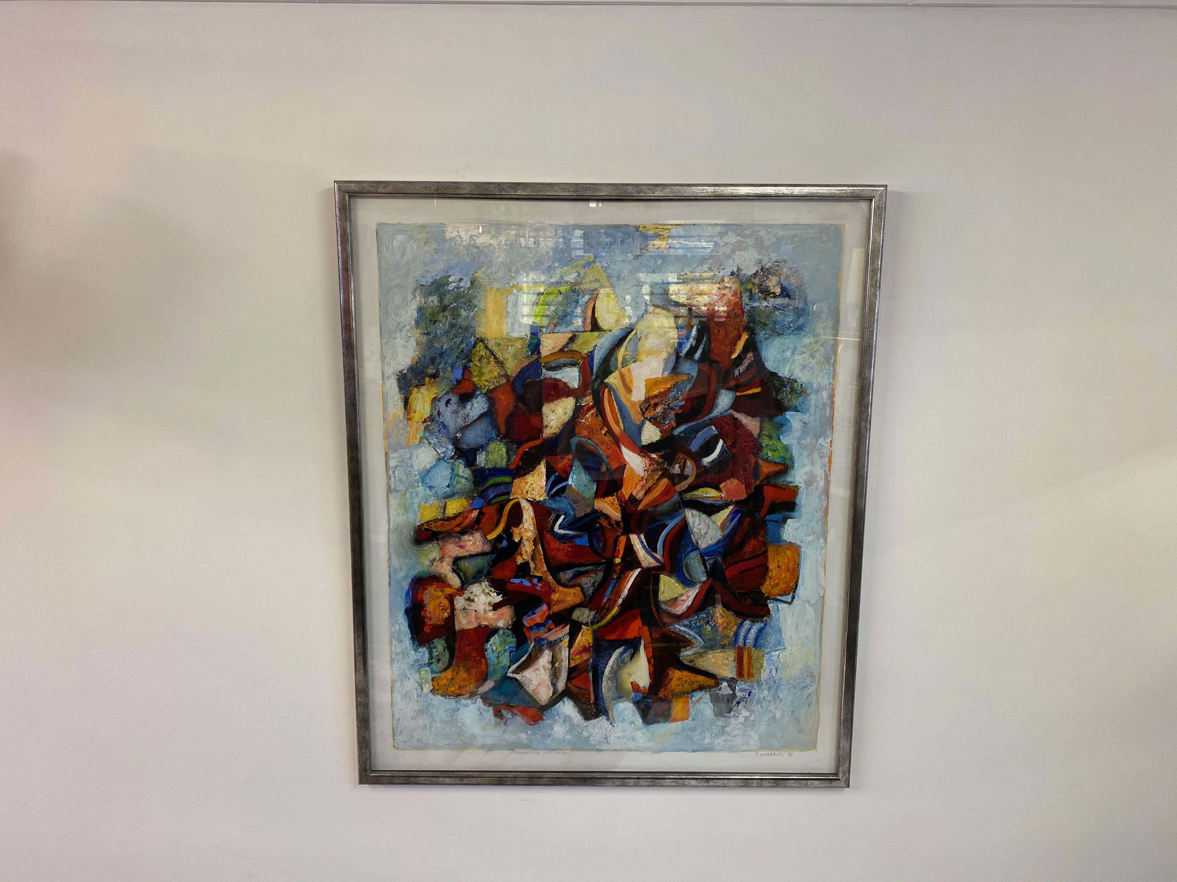 Large 20th Century Danish Abstract Painting in Blue Tones 3
