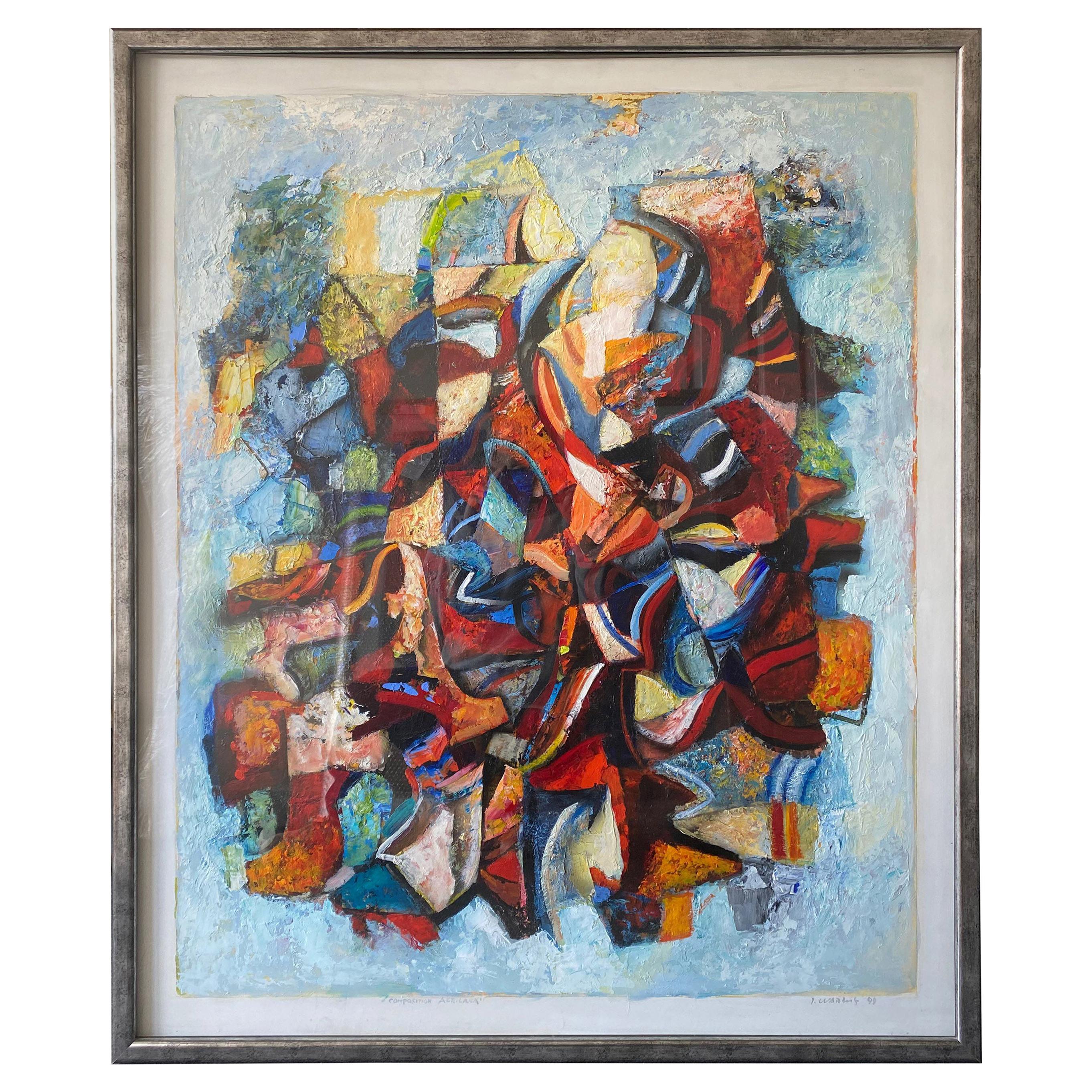 Large 20th Century Danish Abstract Painting in Blue Tones