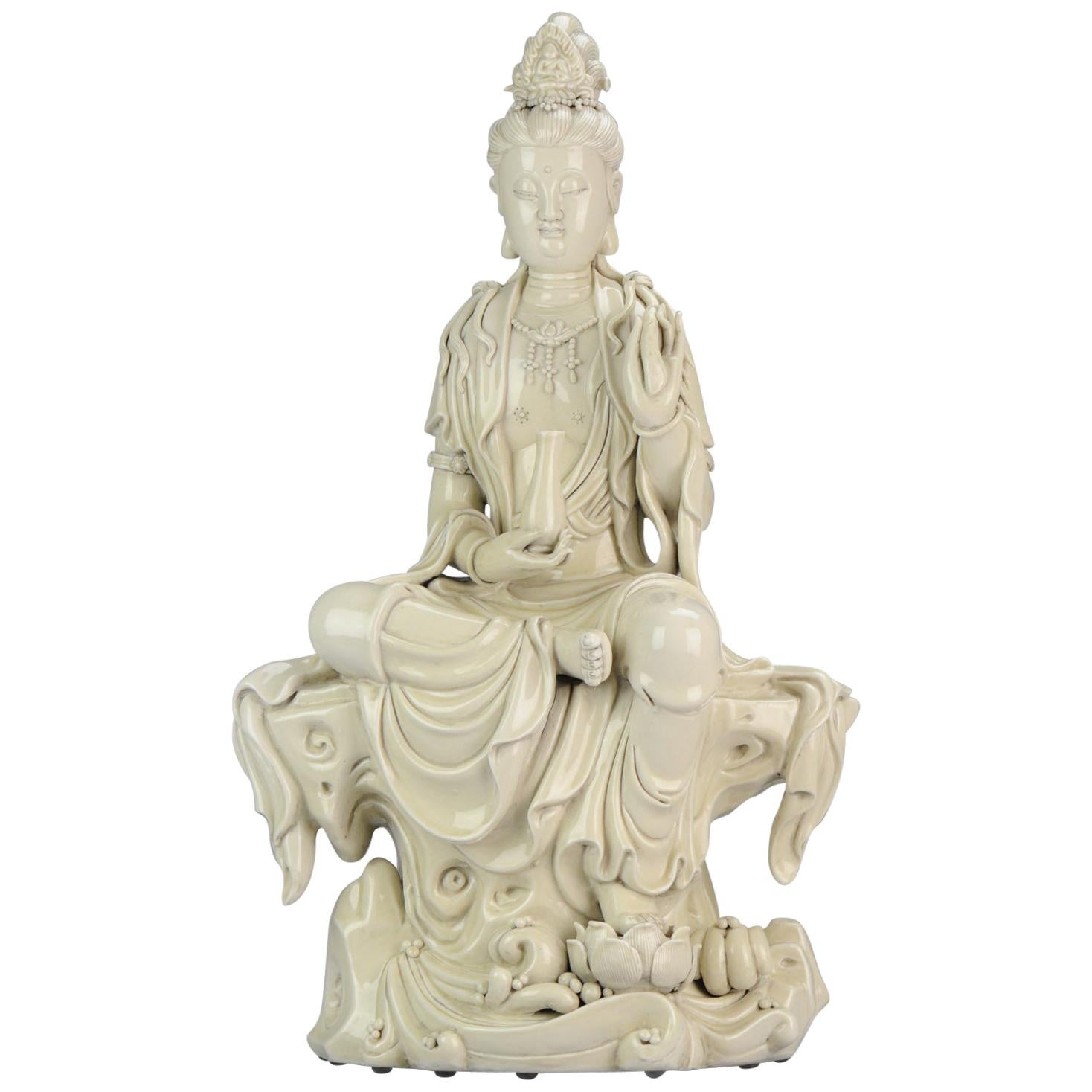 Large 20th Century Dehua Blanc de Chine Statue Guanyin Marked on Back
