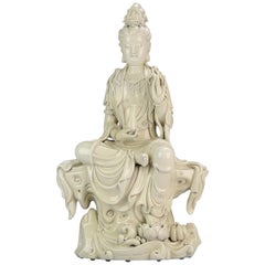 Vintage Large 20th Century Dehua Blanc de Chine Statue Guanyin Marked on Back