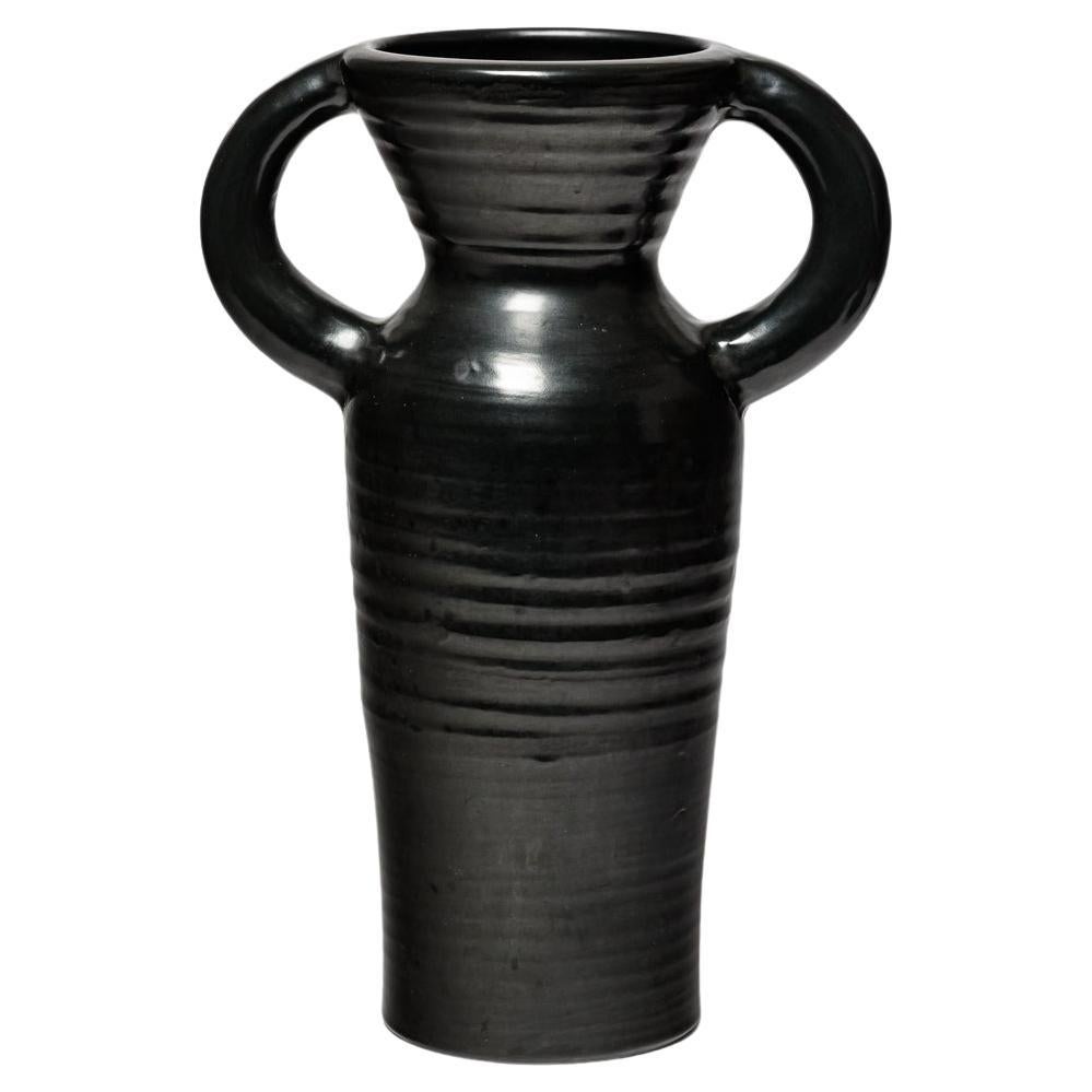 Large 20th century design black ceramic vase by Accolay circa 1950 signed 37 cm
