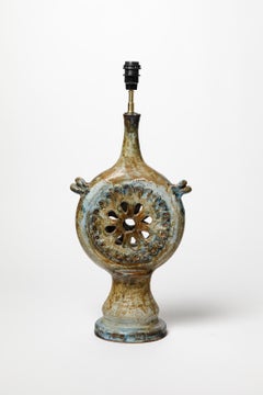 Large 20th century design blue and green ceramic table lamp by F Chefdeville