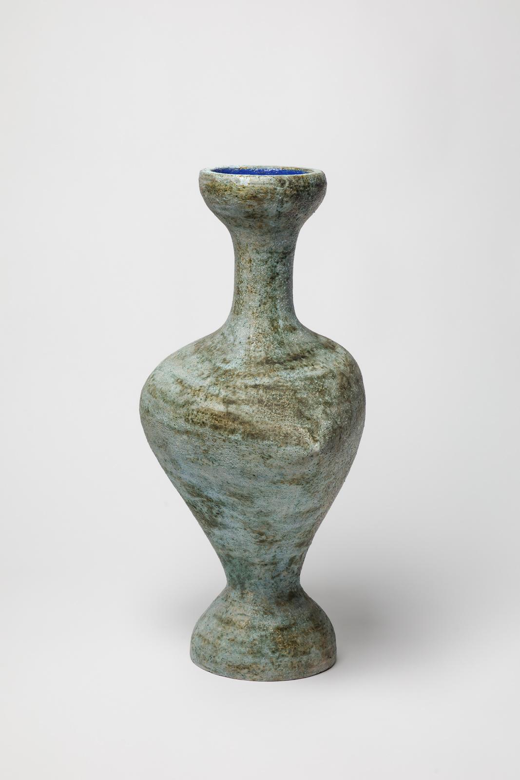 XX secolo Large 20th century design blue green bird free form ceramic vase by Cl Vilbert in vendita