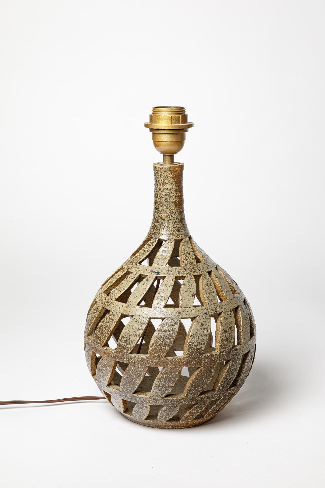 French Large 20th century design brown stoneware ceramic table lamp by Bodin André 1970 For Sale