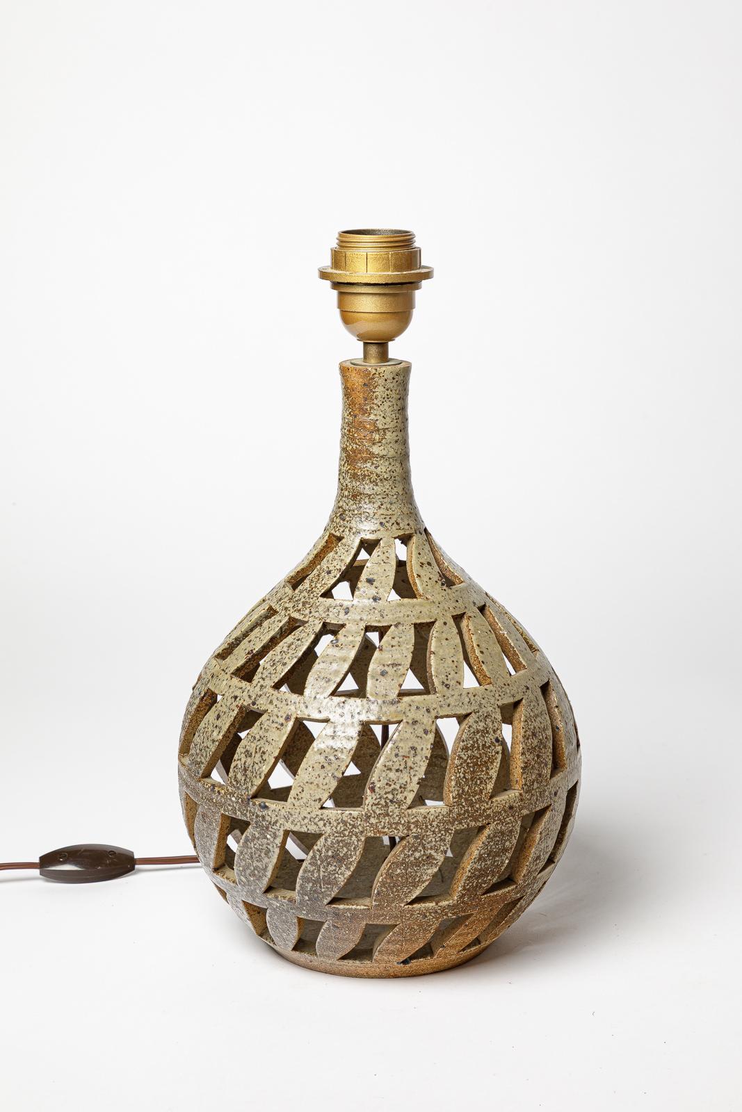 Large 20th century design brown stoneware ceramic table lamp by Bodin André 1970 In Excellent Condition For Sale In Neuilly-en- sancerre, FR