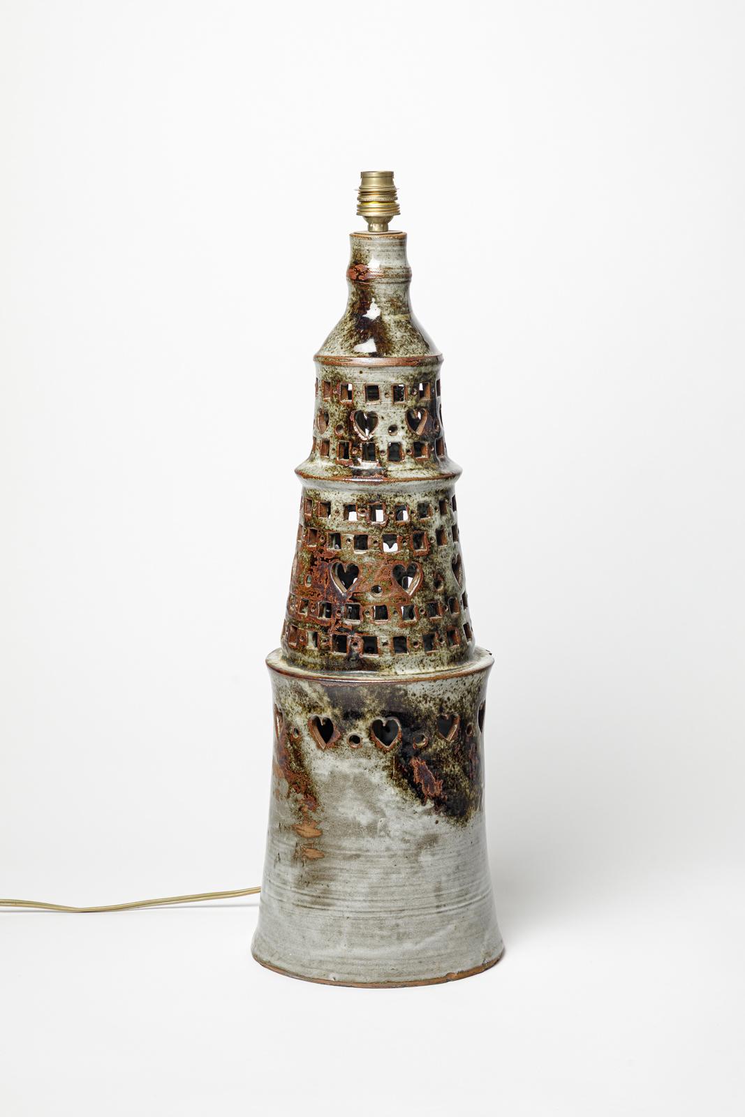 Grande lampe de table en céramique grise et brune, design du 20e siècle, par T and C Robert. Excellent état - En vente à Neuilly-en- sancerre, FR