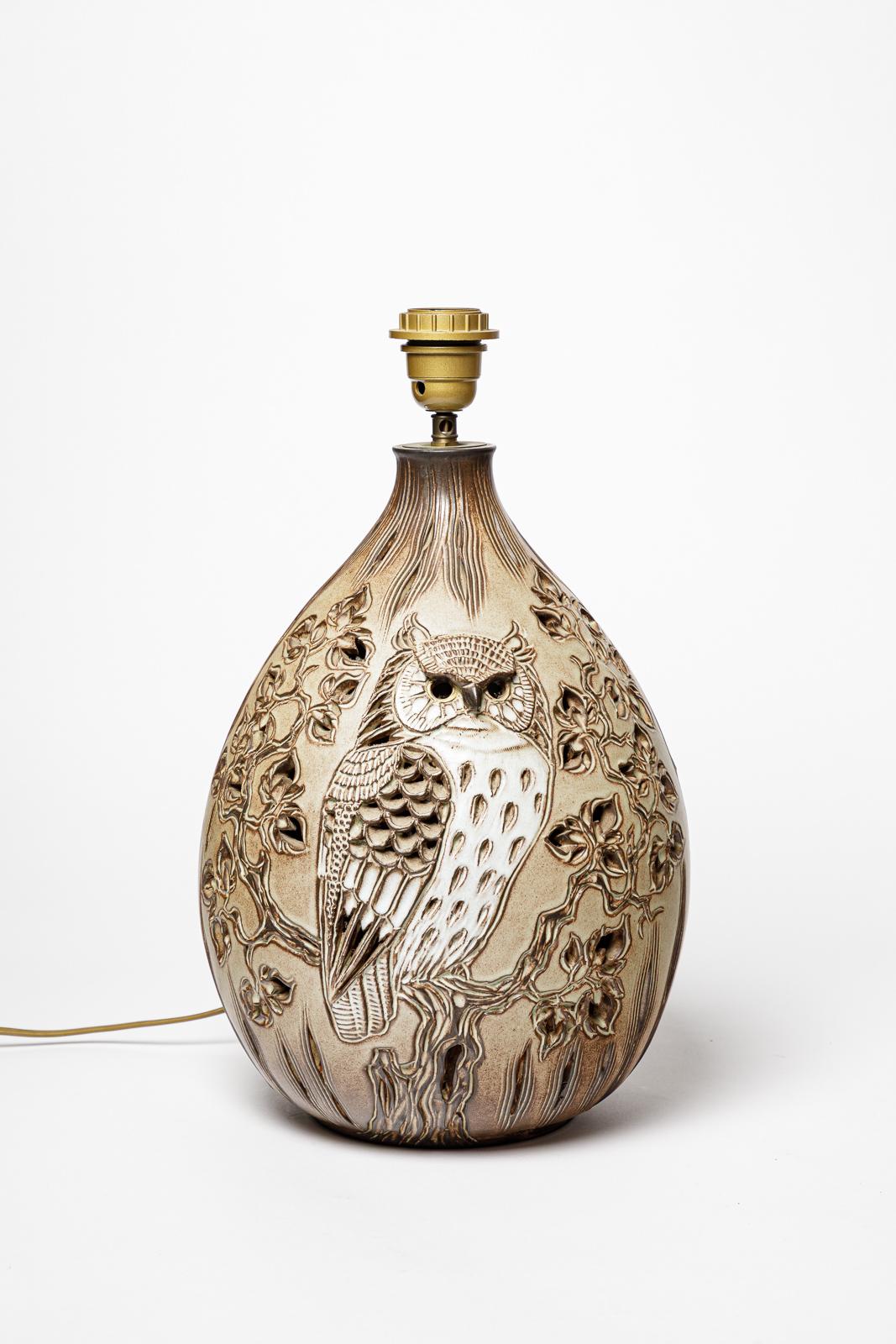Large 20th century design owl bird ceramic table lamp by Fonck unique piece 1970 For Sale 3