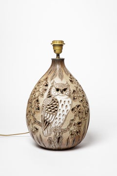 Large 20th century design owl bird ceramic table lamp by Fonck unique piece 1970