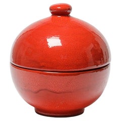 Large 20th century design red ceramic decorative box pot 1970 style of Ruelland