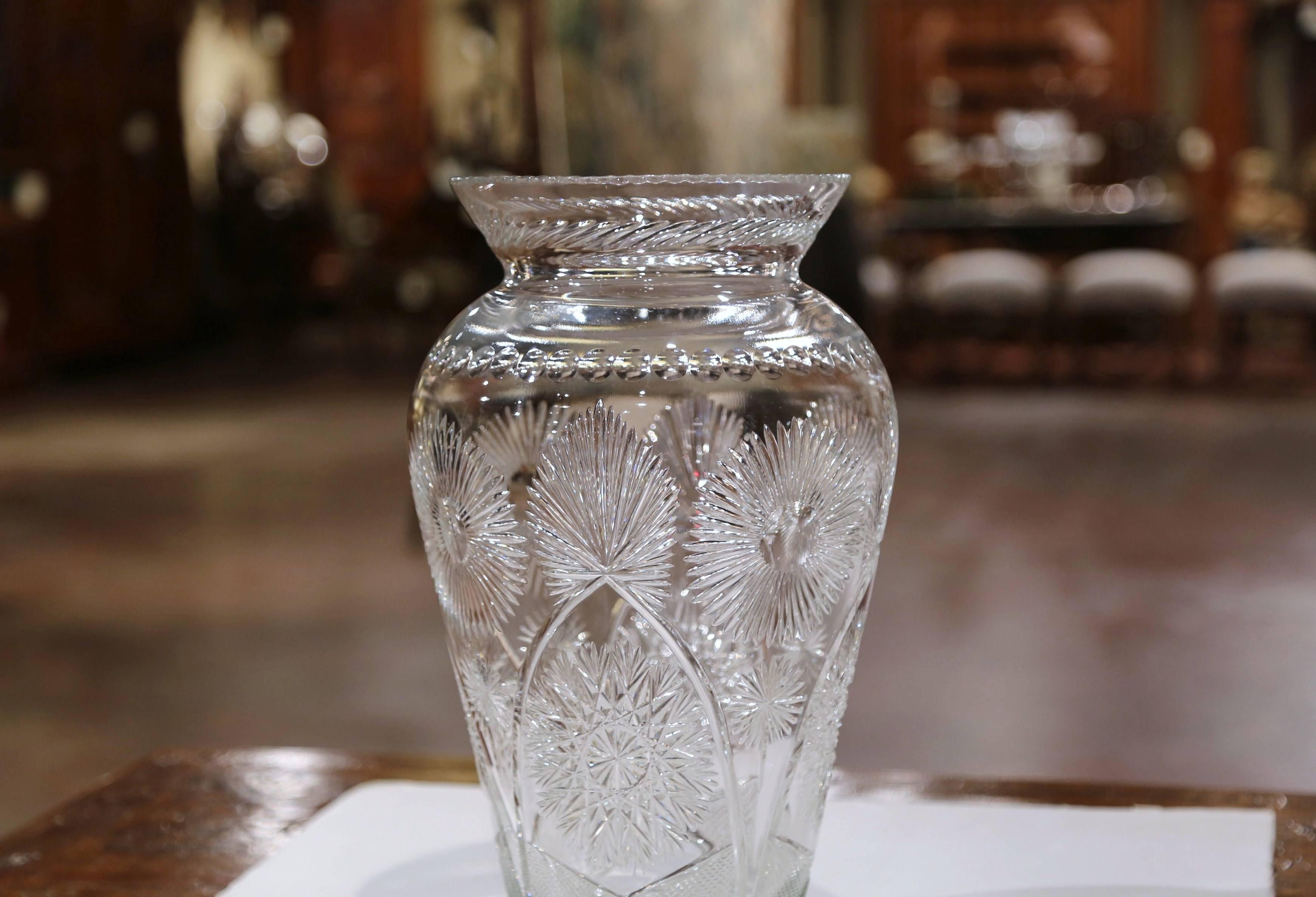 Hand-Crafted Large 20th Century European Cut Glass Vase with Flowers Signed by Artist