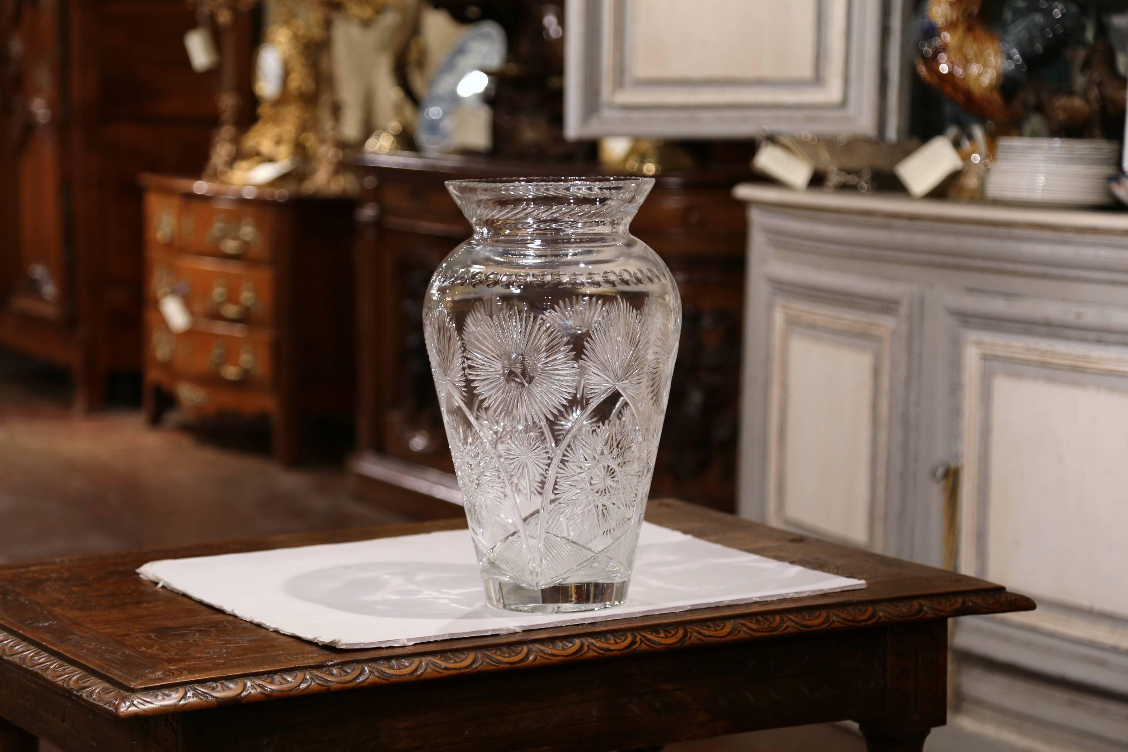 Large 20th Century European Cut Glass Vase with Flowers Signed by Artist In Excellent Condition In Dallas, TX