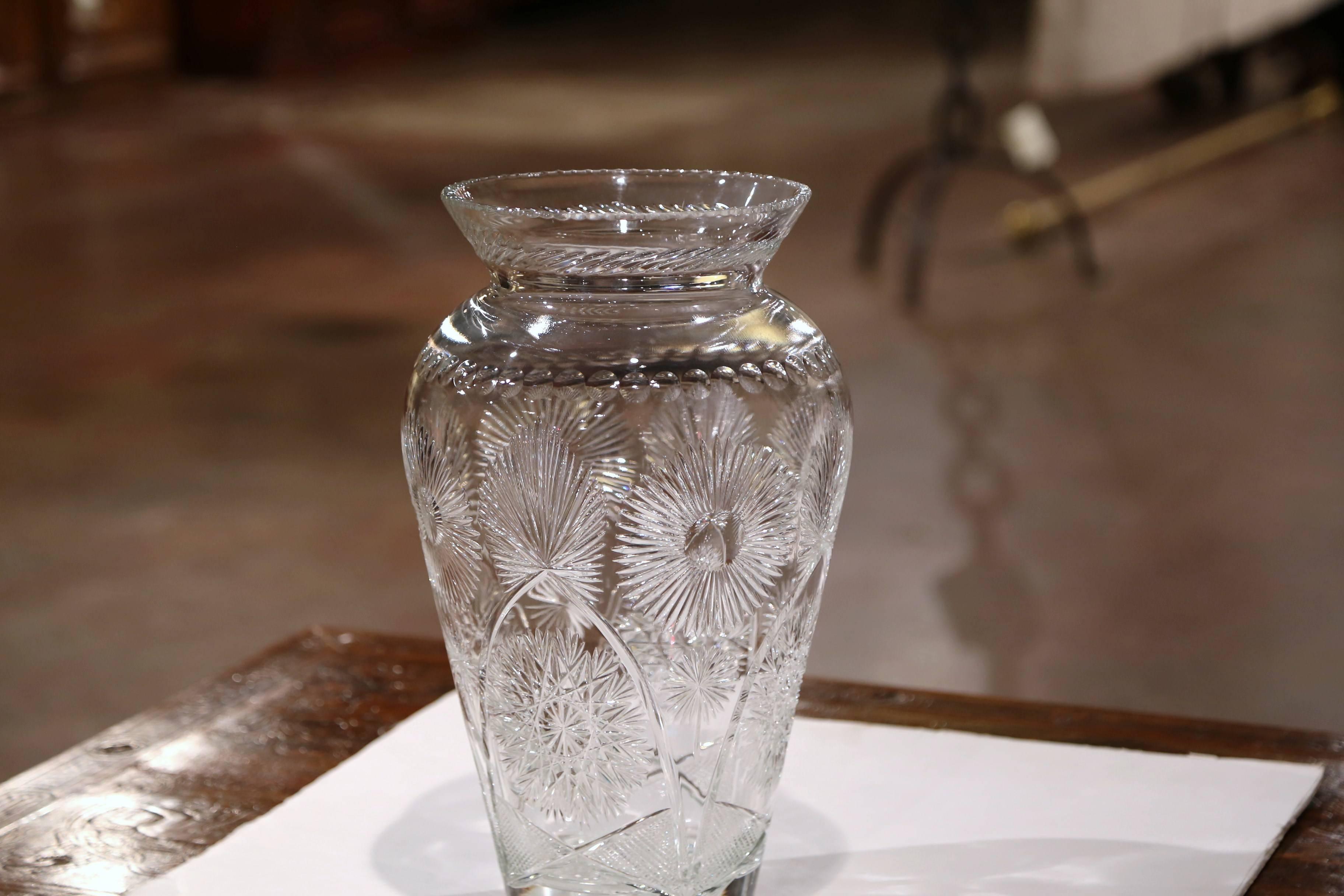 Large 20th Century European Cut Glass Vase with Flowers Signed by Artist 2