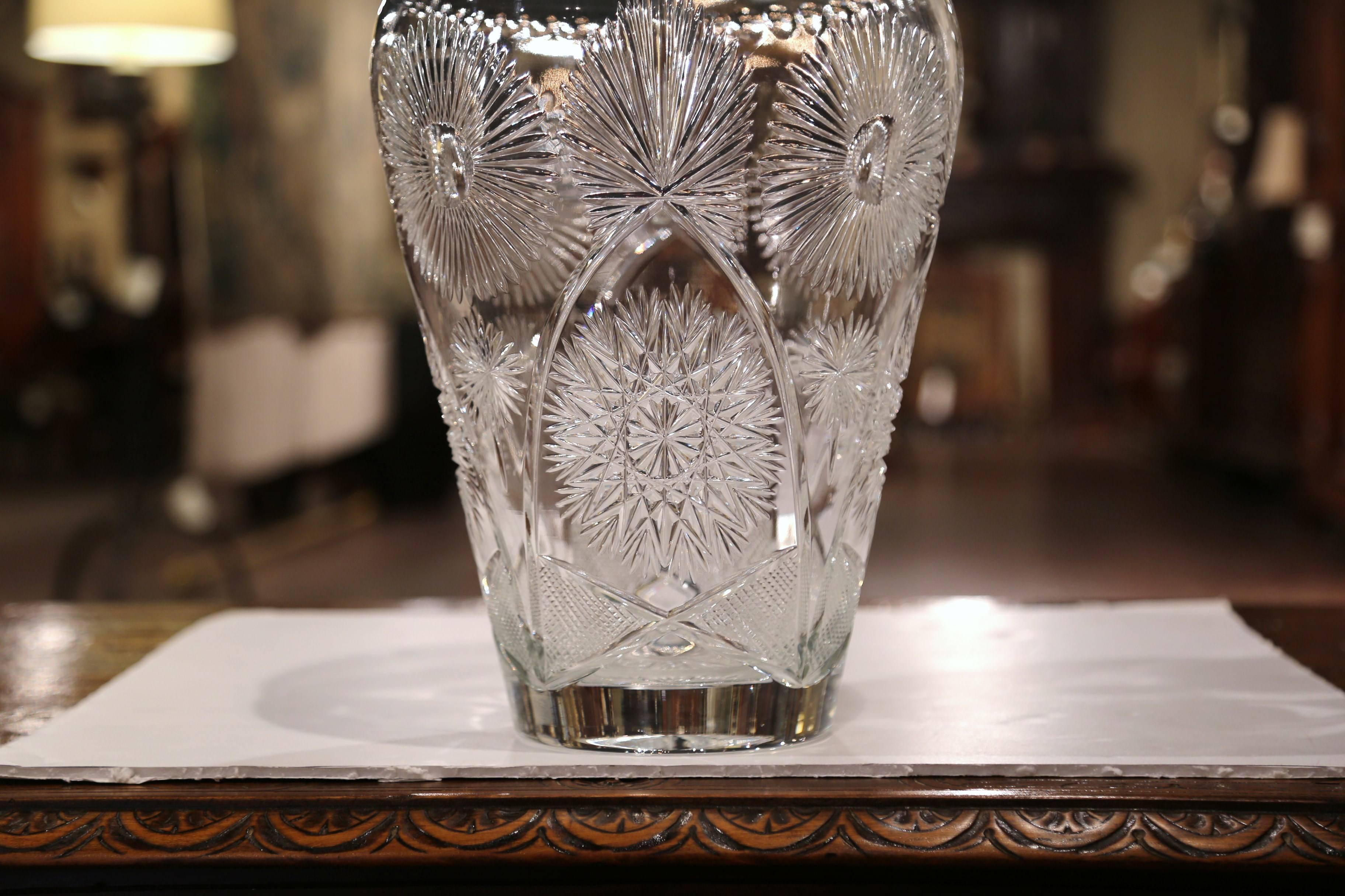 Large 20th Century European Cut Glass Vase with Flowers Signed by Artist 3
