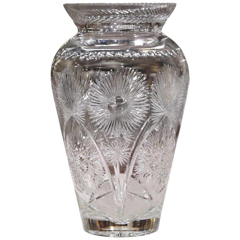 Large 20th Century European Cut Glass Vase with Flowers Signed by