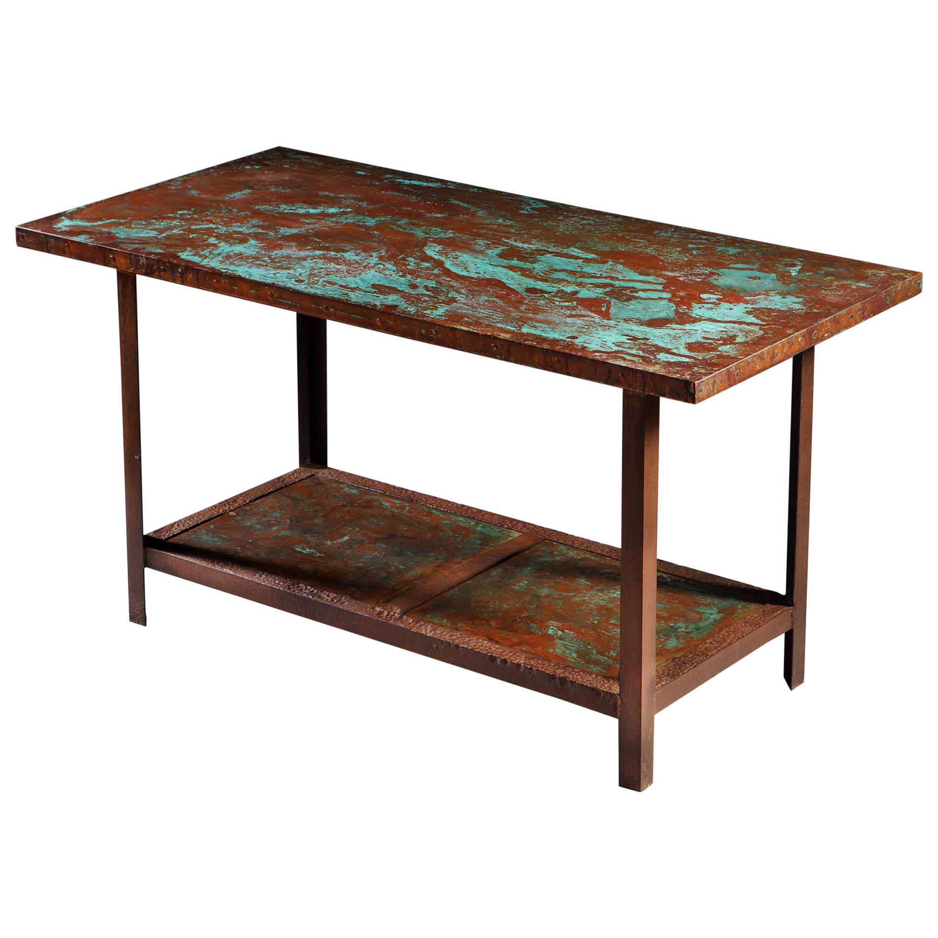 Large 20th Century French Copper Metal Table with Verdigris Patination