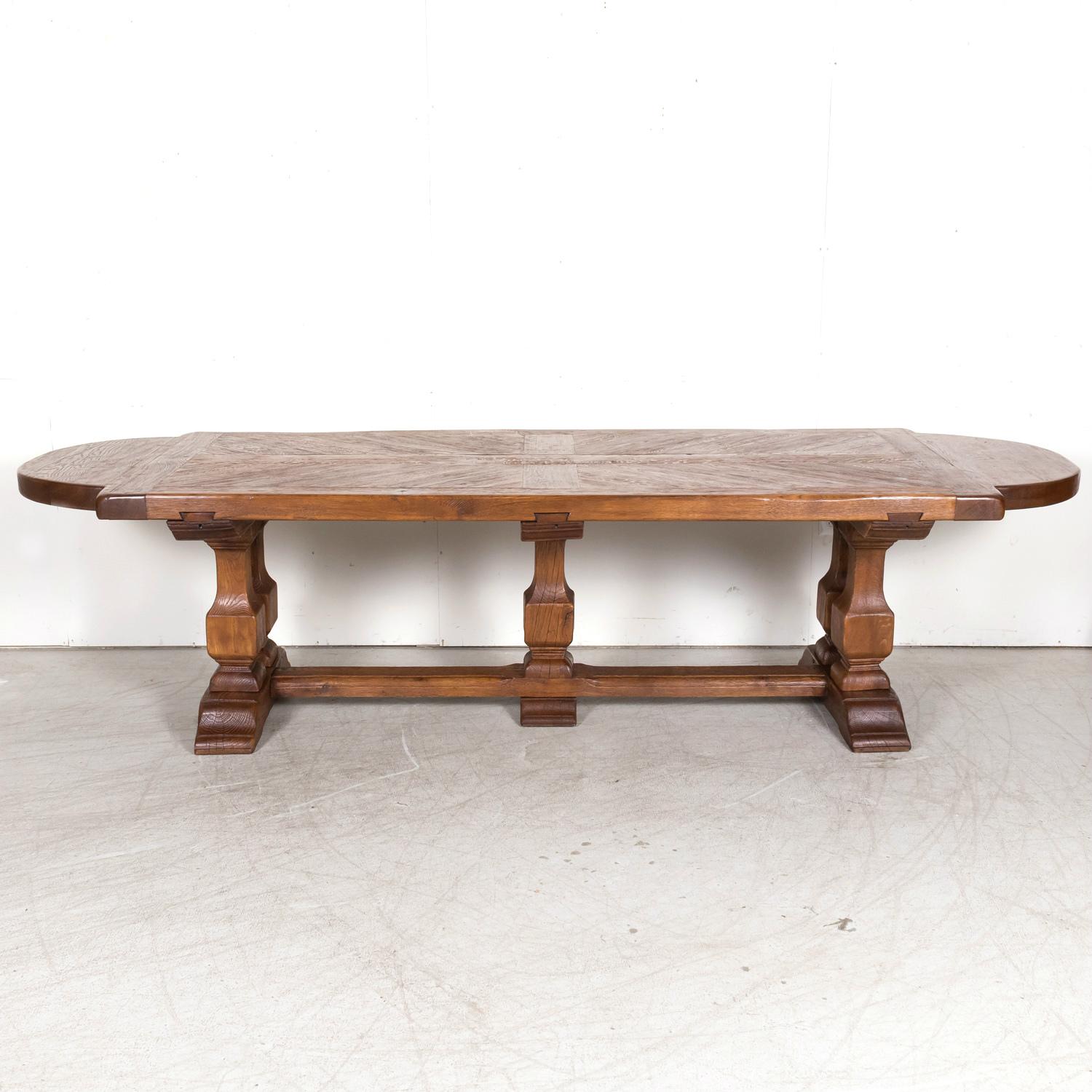 Large 20th Century French Oak Monastery Trestle Dining Table In Good Condition In Birmingham, AL