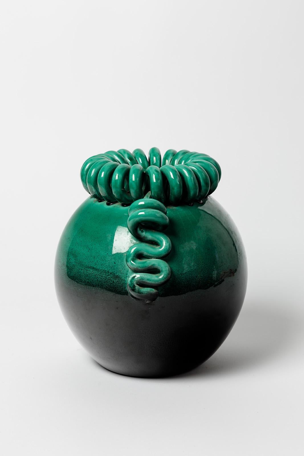 Large 20th Century Green and Black Ceramic Vase by Gustave Asch Art Deco 1940 For Sale 1