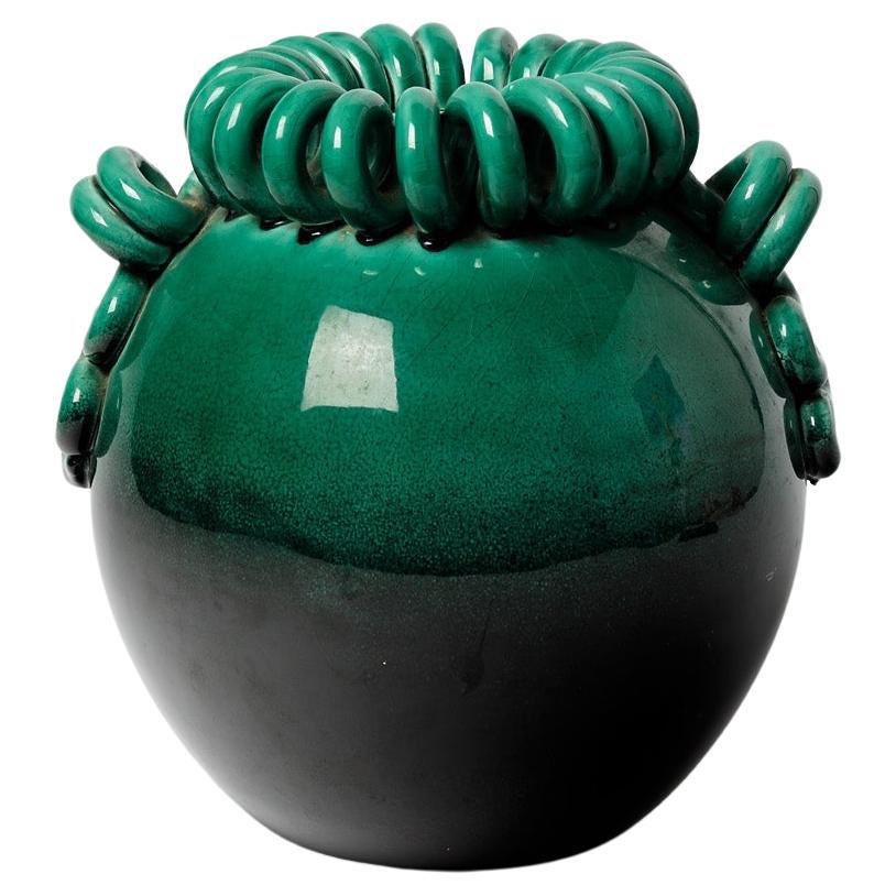 Large 20th Century Green and Black Ceramic Vase by Gustave Asch Art Deco 1940 For Sale