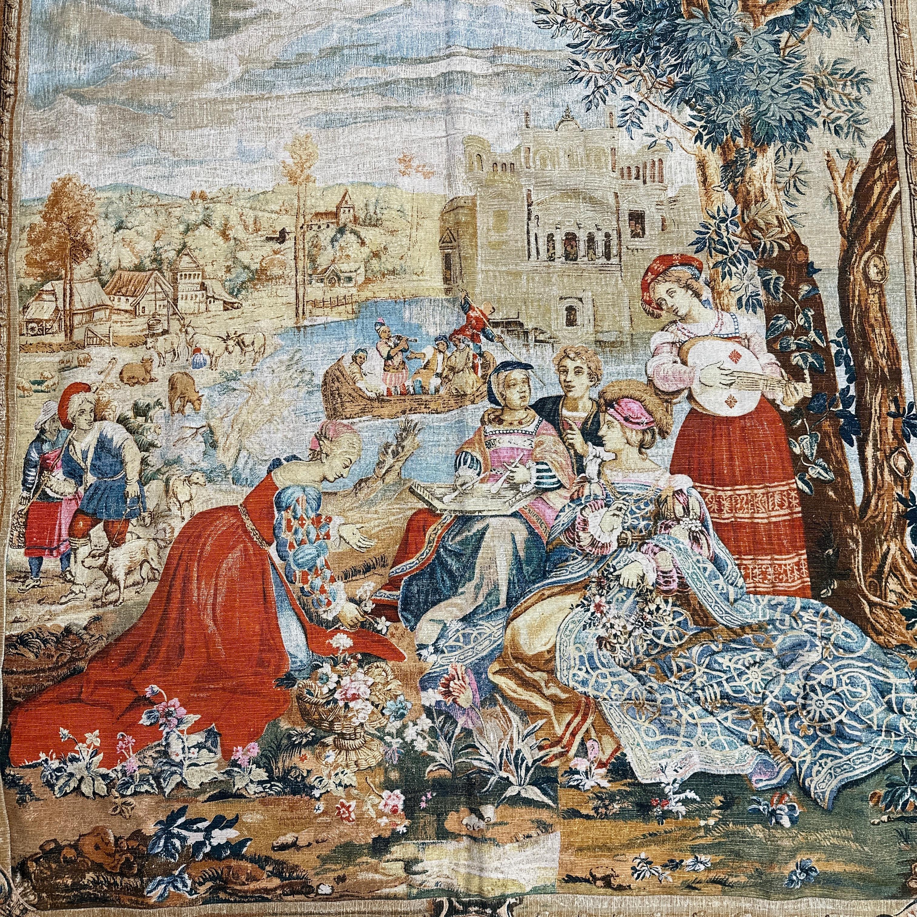 A large, richly colored hand blocked French wall hanging by traditional French company Artis Flora, circa early 20th century. This beautiful tapestry from Paris titled 
