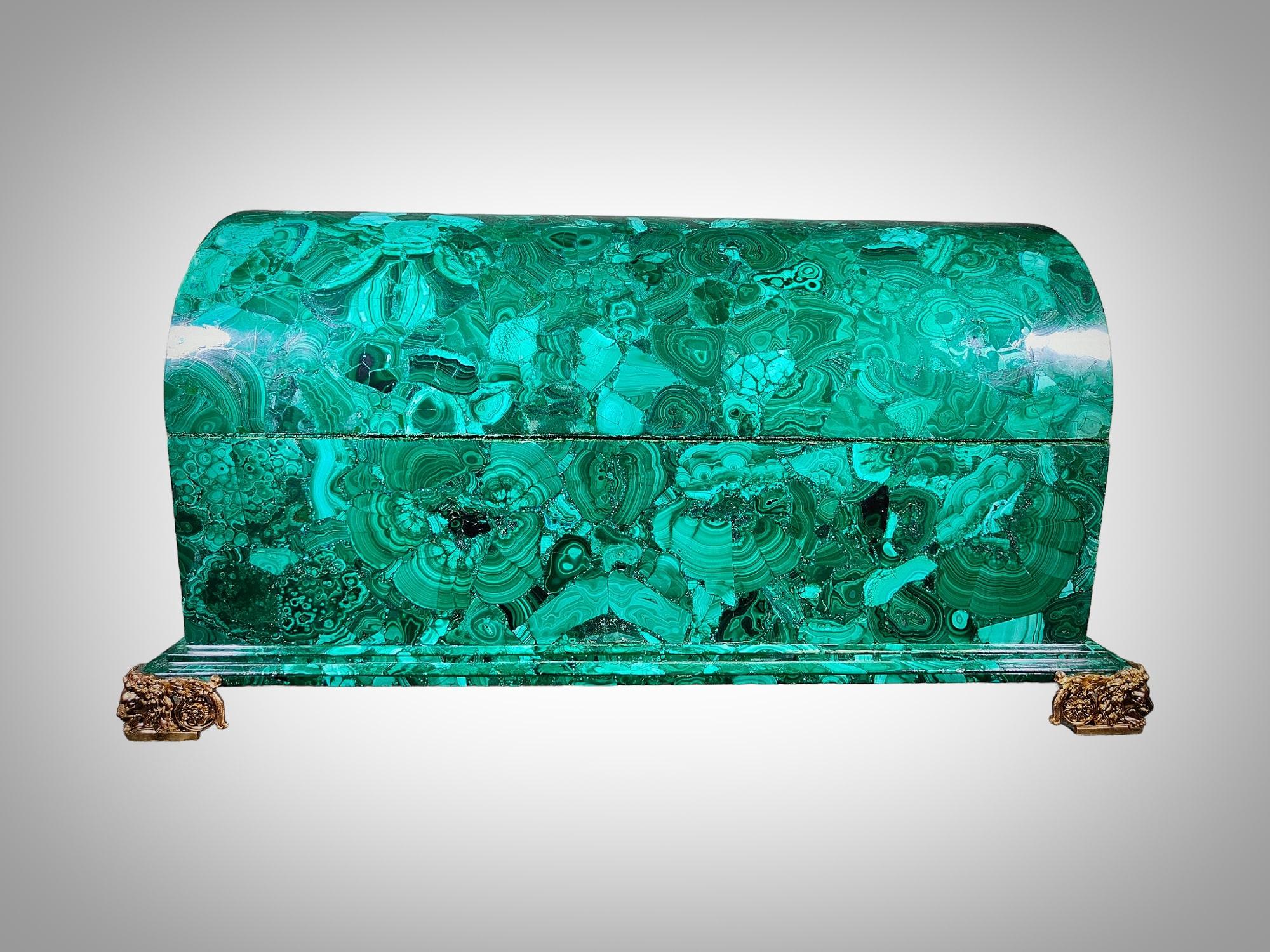 Product: Large 20th Century Malachite Box

Product Description:

Material: Malachite (semi-precious stone)
Age: 20th Century
Condition: Excellent
Dimensions: 70 x 40 x 33 cm (length x width x height)
Features and Details:
This large malachite box is