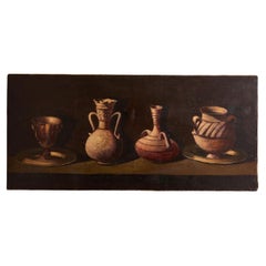 Grande peinture à l'huile sur toile du 20e siècle représentant 4 pots