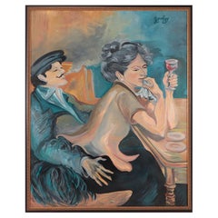 Large 20th Century Oil on Canvas Painting of Man 
Woman in Cafe by J. Wendling