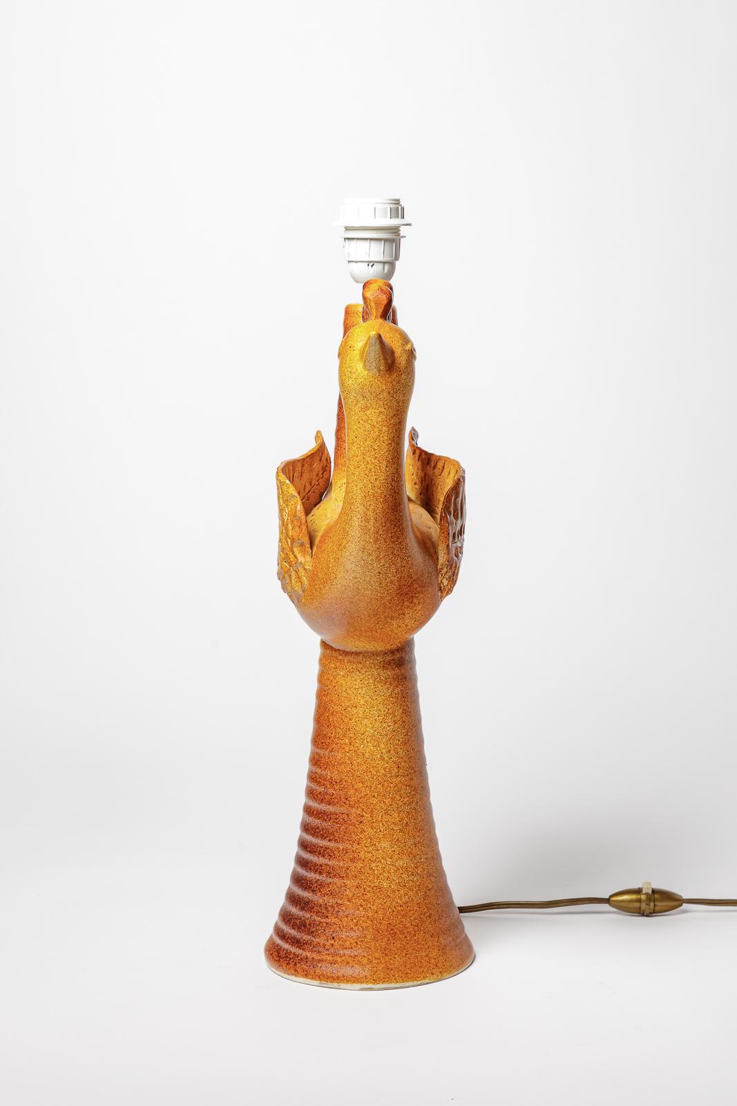 Large 20th century orange bird ceramic table lamp circa 1970 signed unique piece For Sale 3
