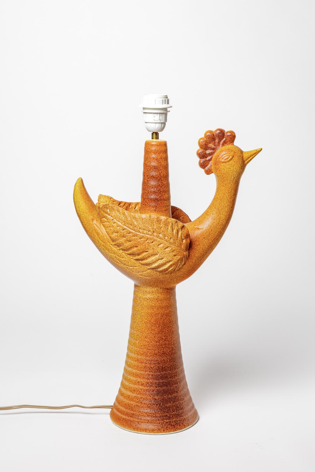 Large 20th century orange bird ceramic table lamp circa 1970 signed unique piece For Sale 4