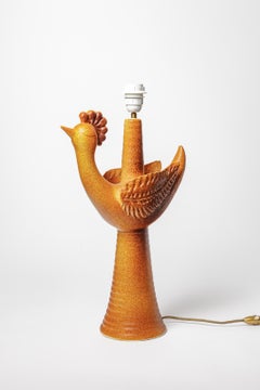Gran lámpara de sobremesa de cerámica con pájaro naranja del siglo XX circa 1970 pieza única firmada
