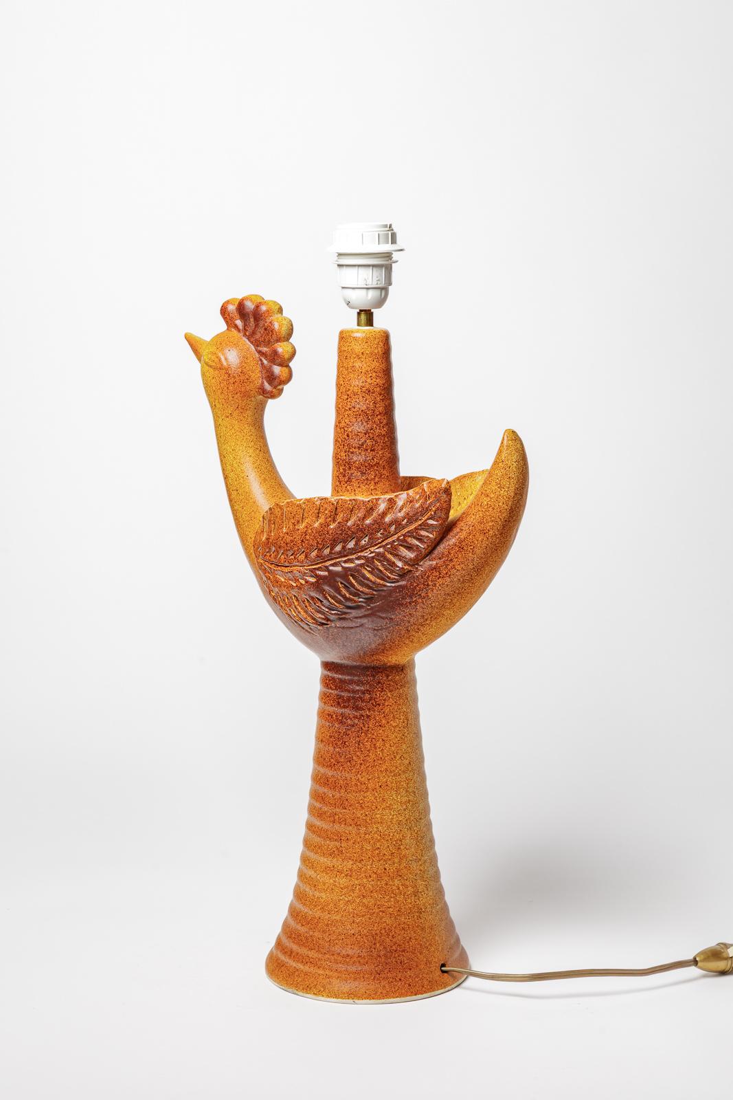 French Large 20th century orange bird ceramic table lamp circa 1970 signed unique piece For Sale