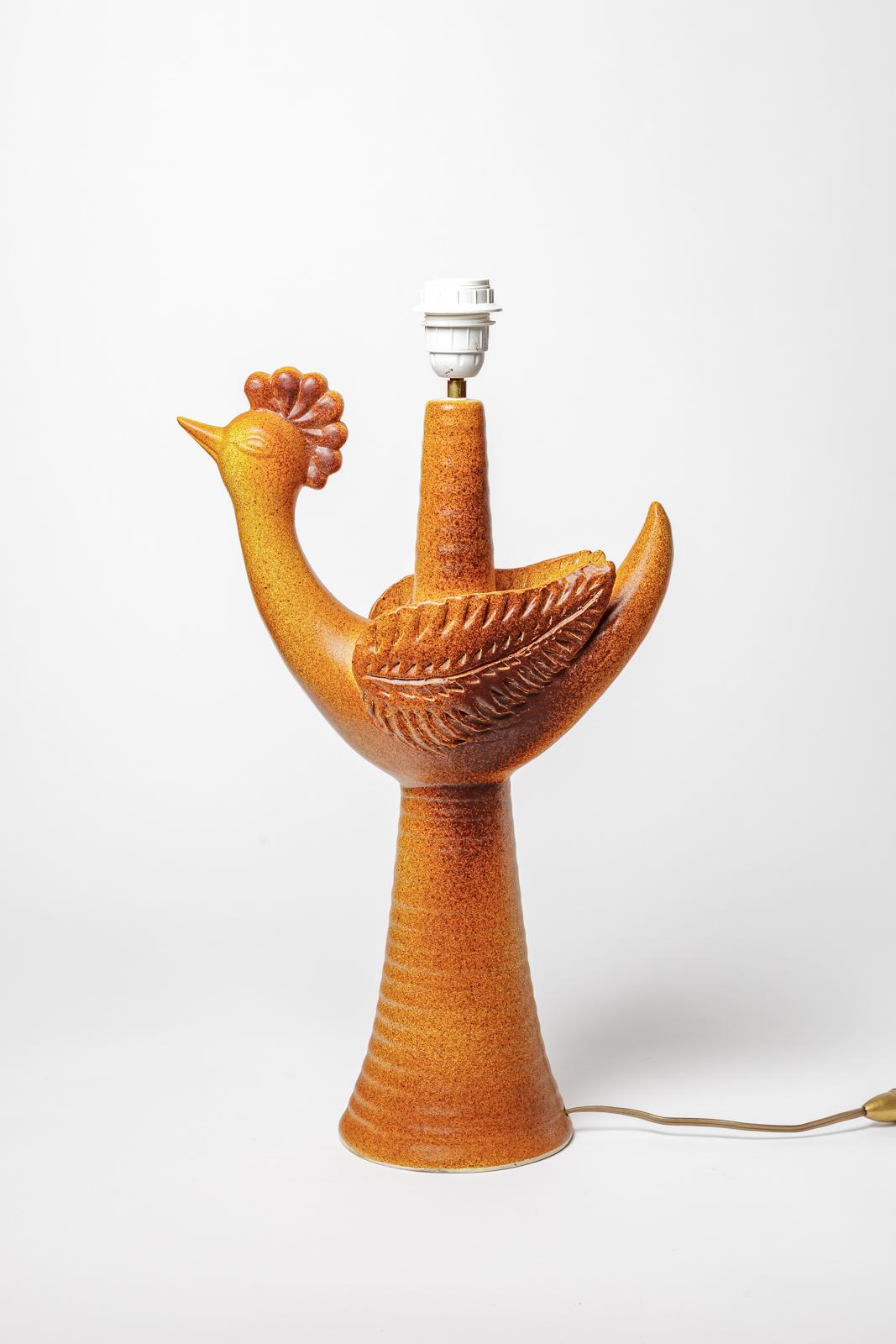 Large 20th century orange bird ceramic table lamp circa 1970 signed unique piece For Sale 1