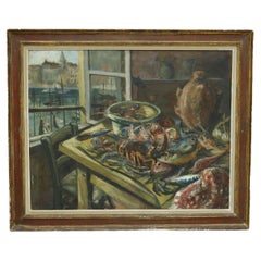 Grande peinture du 20e siècle représentant des fruits de mer sur une table