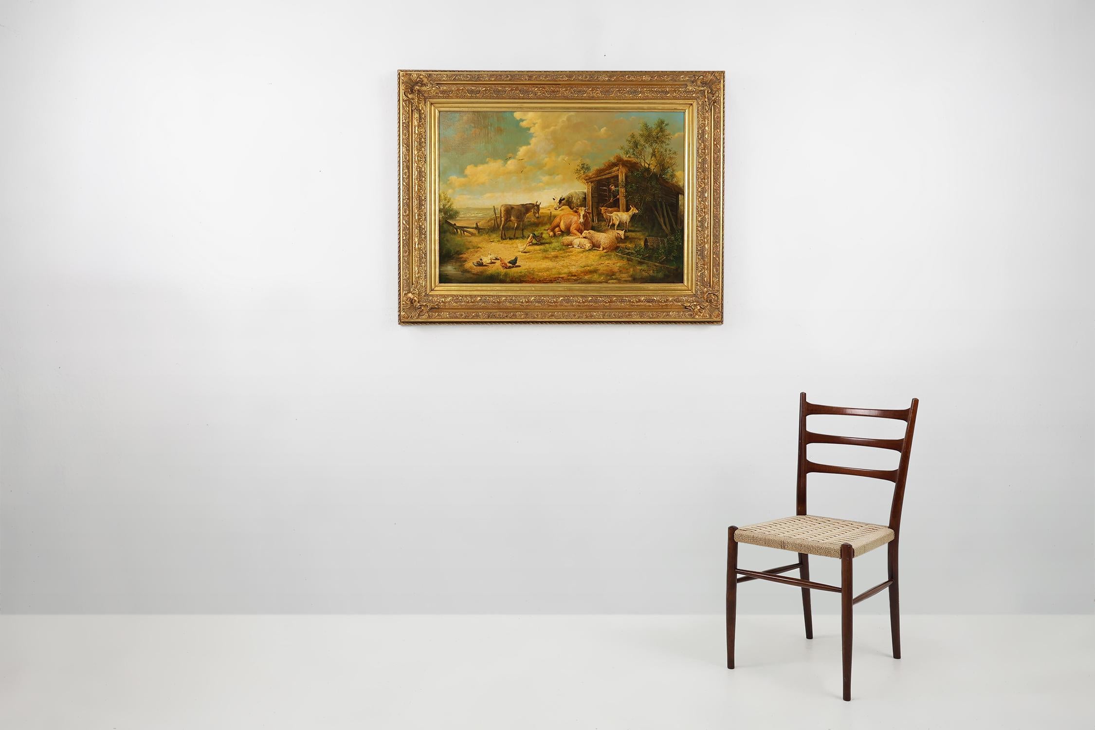 Belgium / 1960 / painting / canvas, wood / Antique / Baroque / Rococo  

A Large Baroque painting with wooden gilded frame, Belgium ca. 1960. Signed in the right corner.

Beautiful painting of a farm scene, where gentle cows graze peacefully