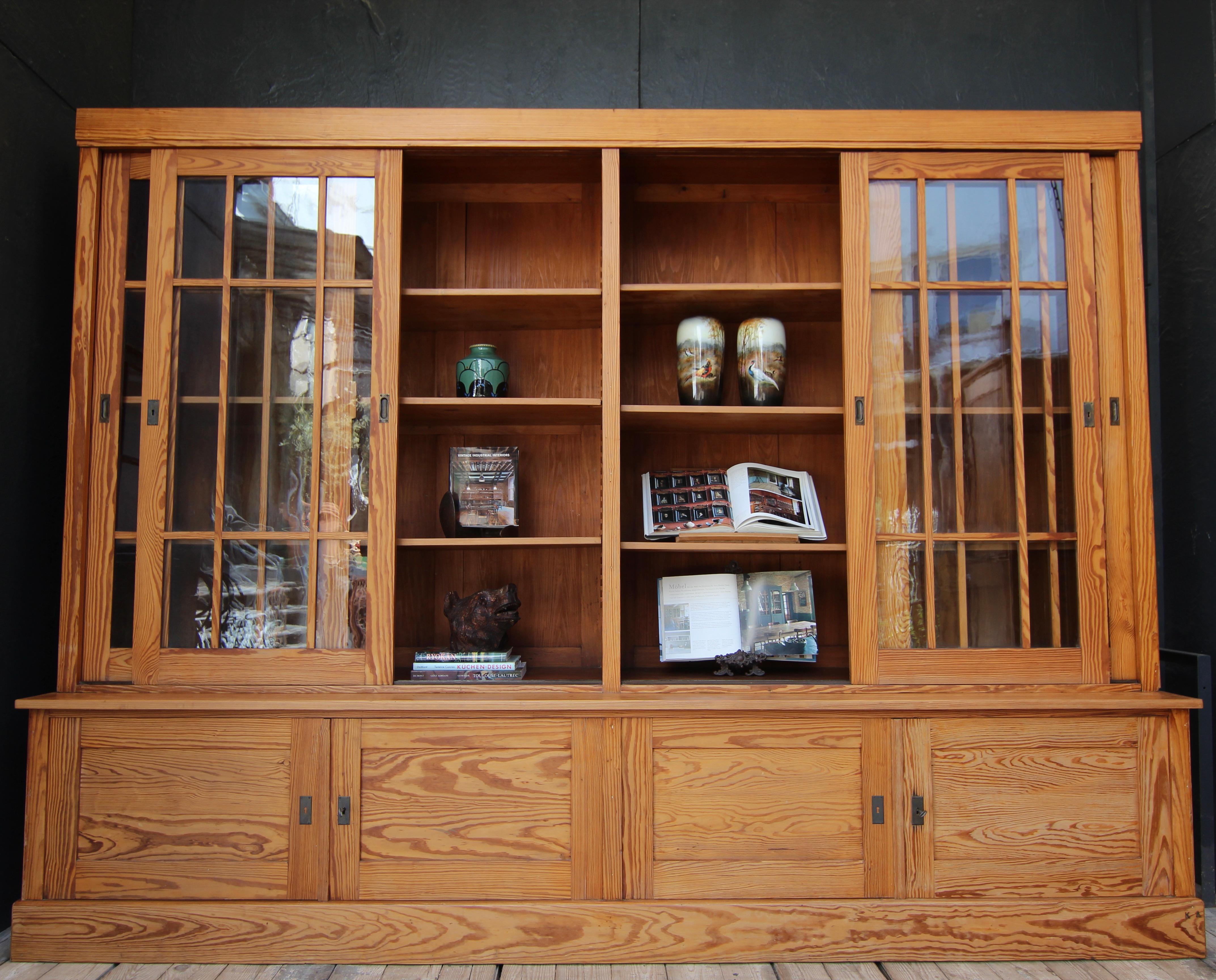 Glass Large 20th Century Pine University Cabinet with Sliding Doors