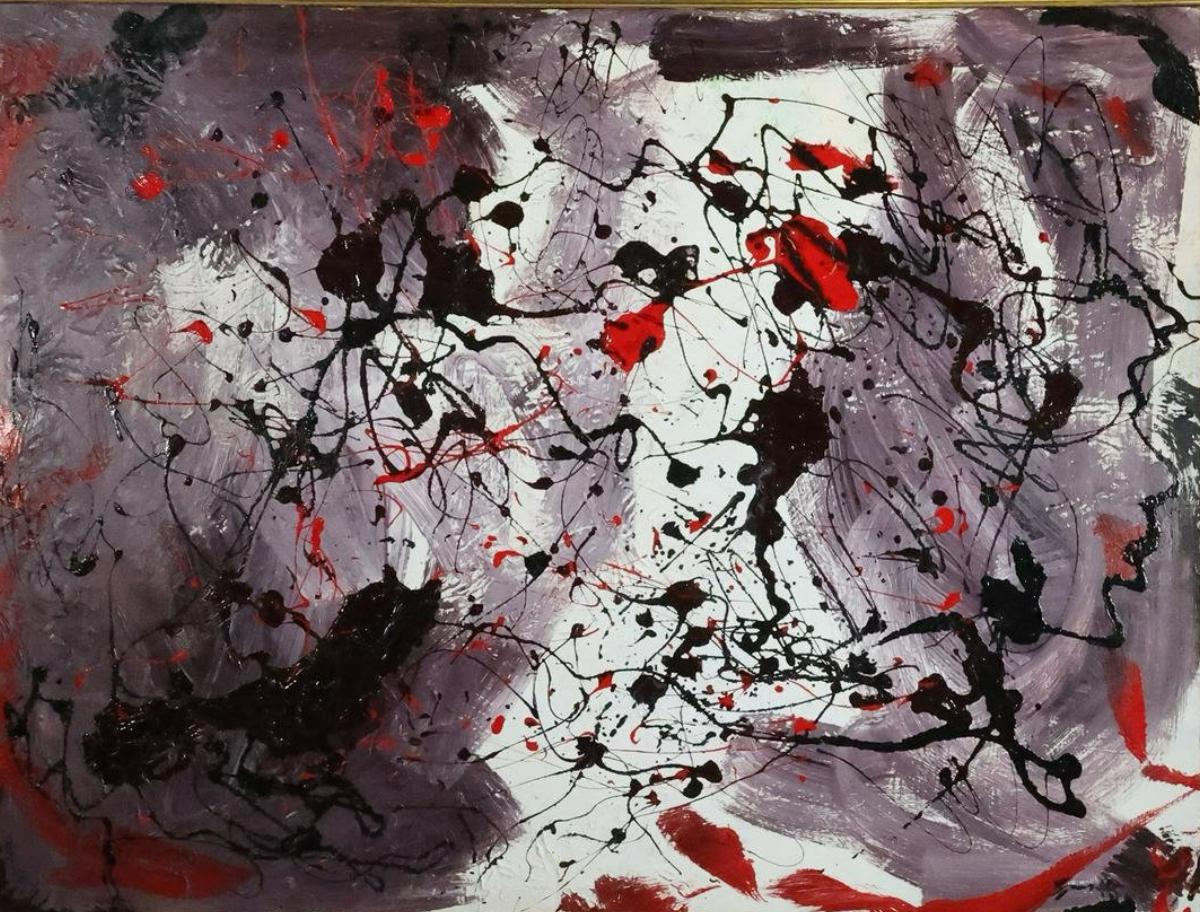 Quality abstract 20th century oil on canvas painting in the style of Jackson Pollock, Lee Krasner and Janet Sobel. The artist was a was a practitioner of action painting and abstract expressionism. Broad strokes of grey on white with black and red