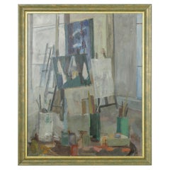 Large 20th Century Signed French Oil on Canvas Painting of Artist's Studio