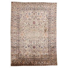 Large 20th Century Silk Kashan Carpet in Ivory, Blue and Rose Tones