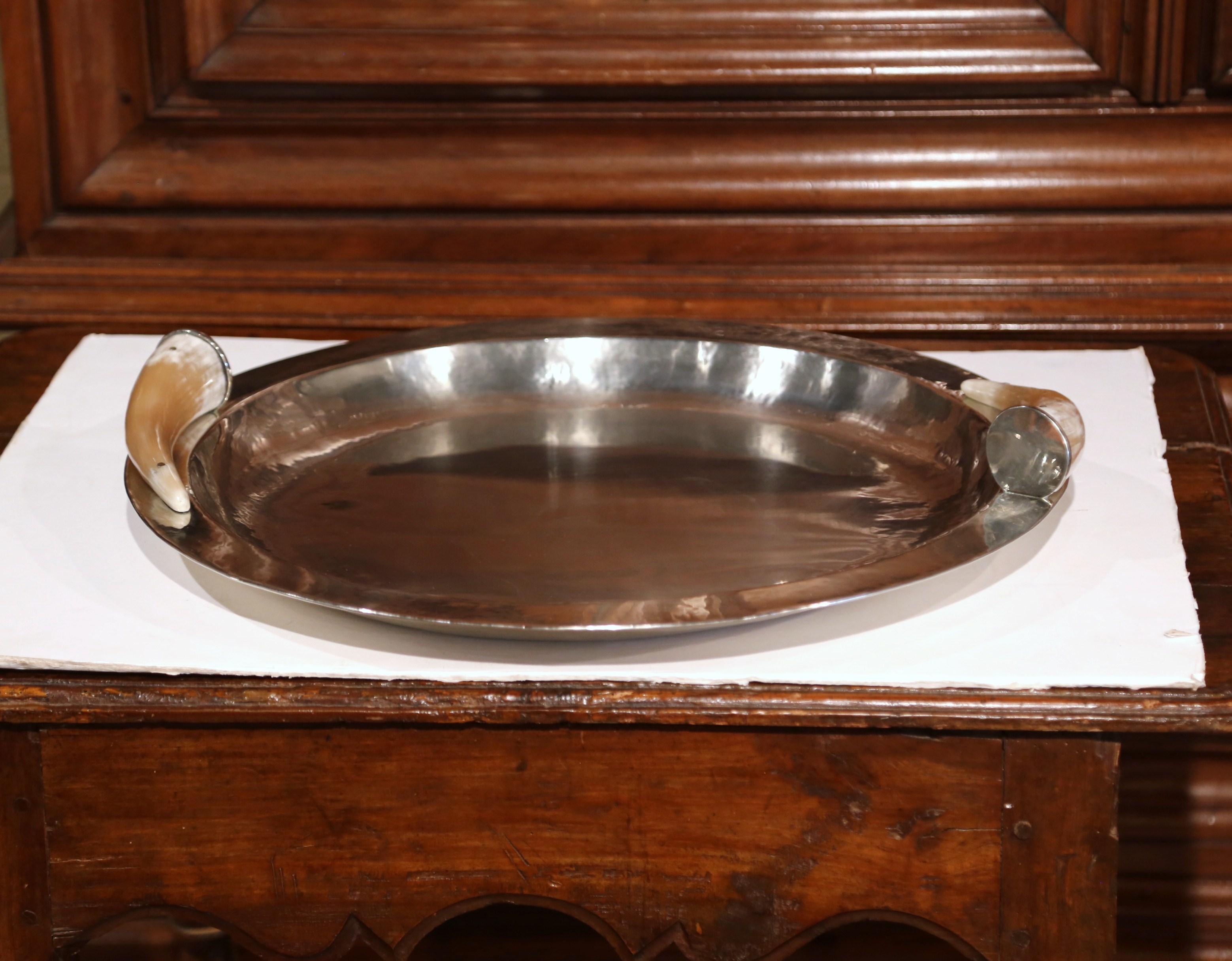 Argentine 20th Century Silver Plated Display Bowl with Bovine Horn Handles