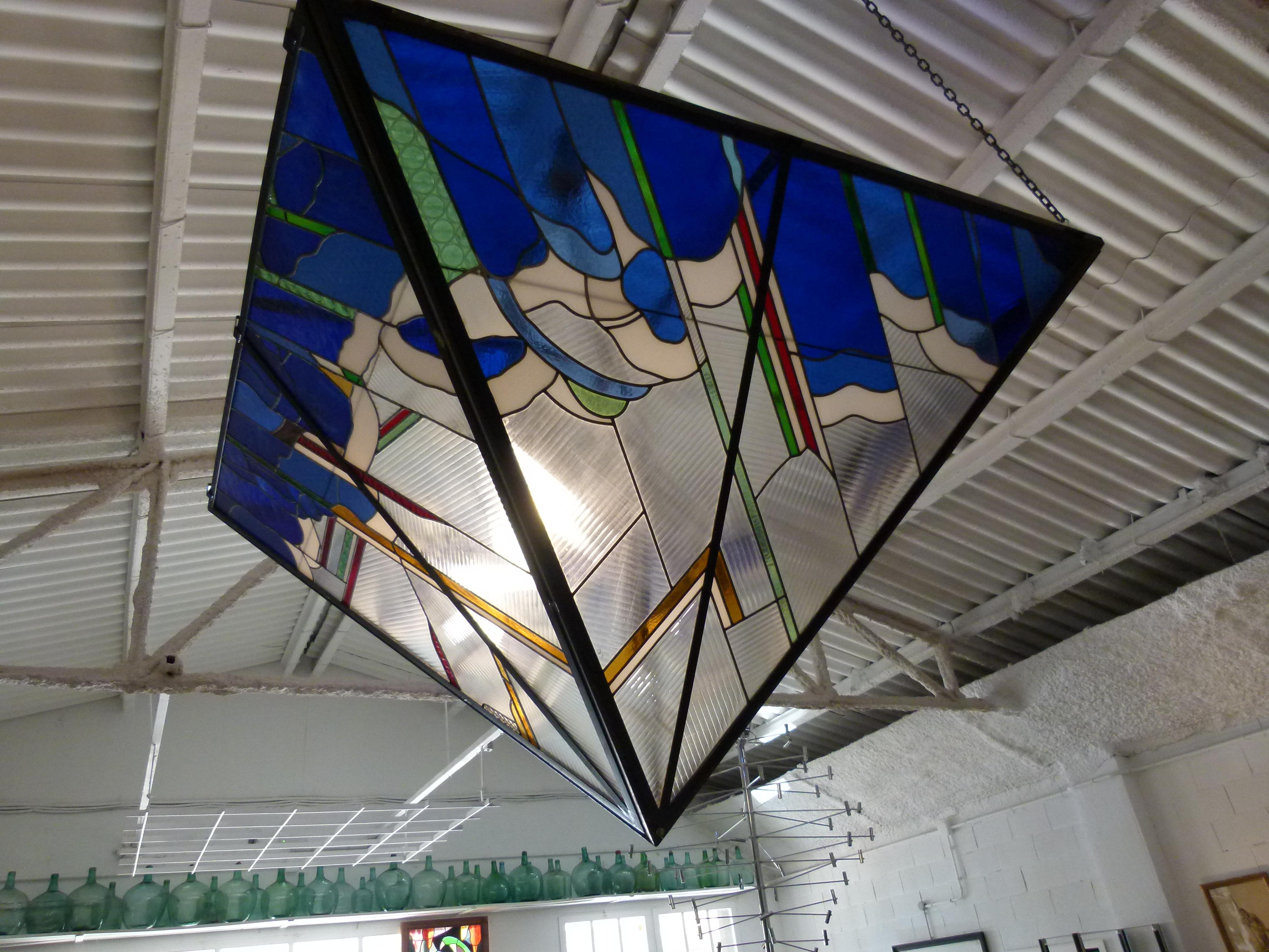 Spanish Large 20th Century Stained Glass Ceiling Light
