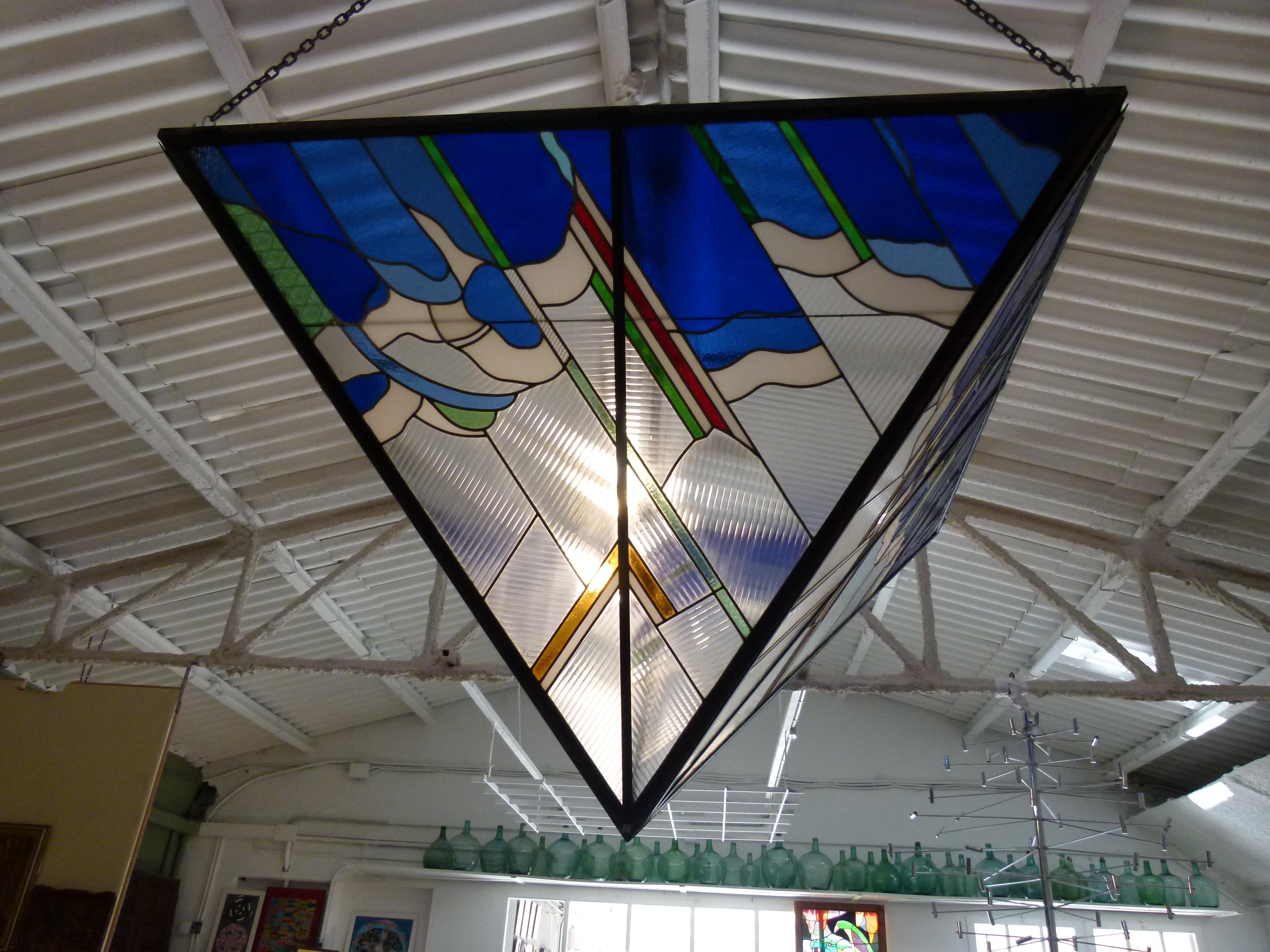 Large 20th Century Stained Glass Ceiling Light 1