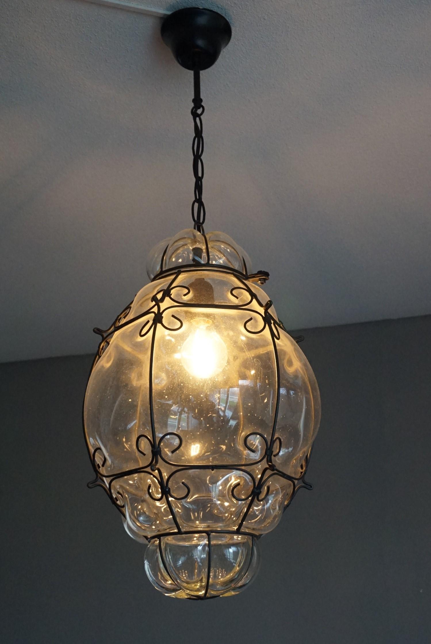 Large 20th Century Venetian Mouth Blown Glass in Metal Frame Pendant Light For Sale 2