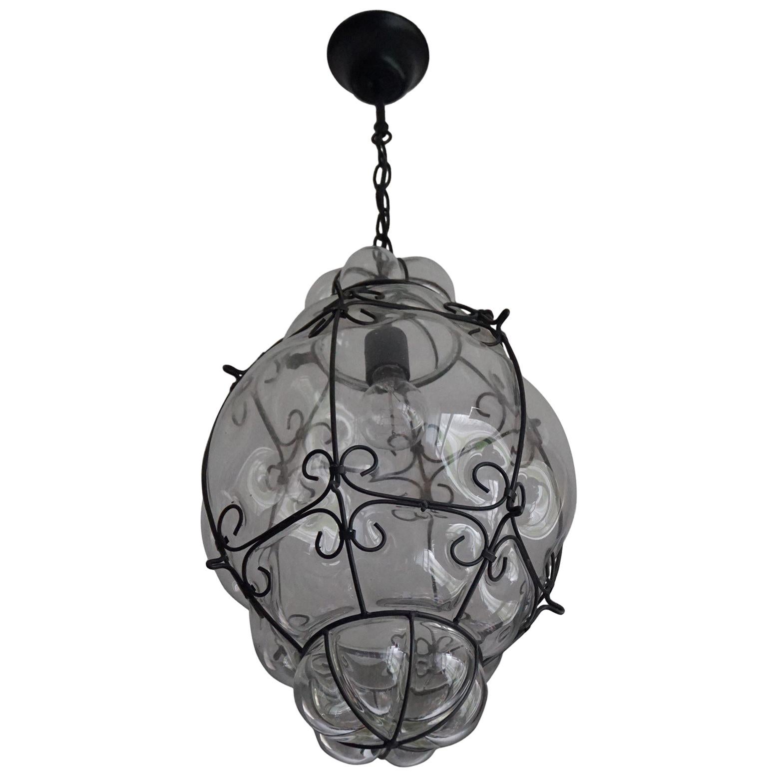 Large 20th Century Venetian Mouth Blown Glass in Metal Frame Pendant Light For Sale