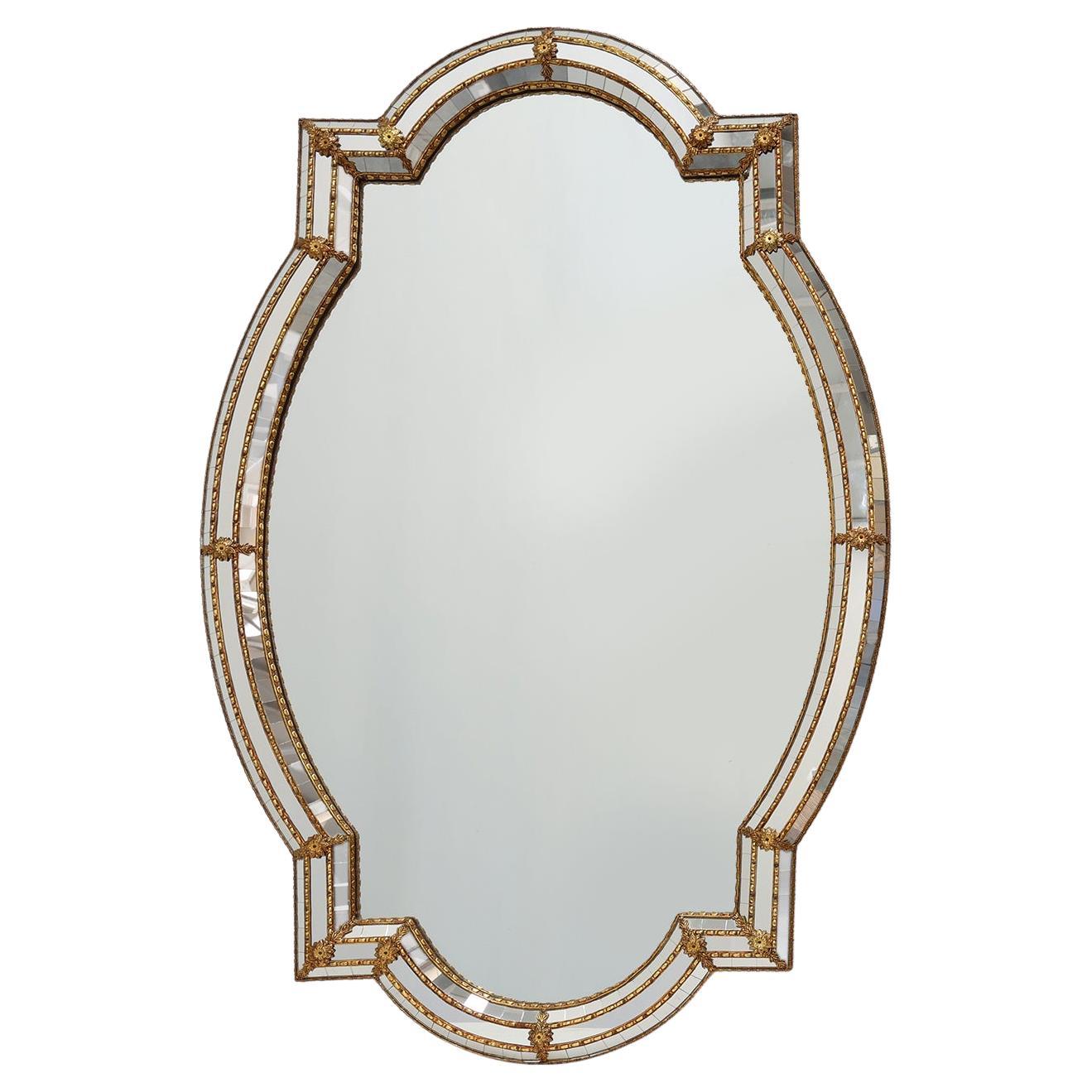 Large 20th century Venetian style trapezoidal brass and mosaic mirror