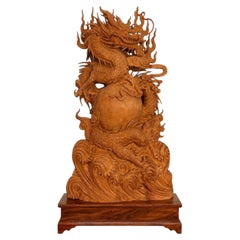 Large 20th Century Vietnamese Nhất Long Vờn Ngọc Dragon Pearl Wood Sculpture