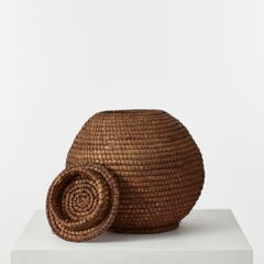 Large 20th Century Vintage or Late Antique Round Rattan Basket with Lid 1 of 2