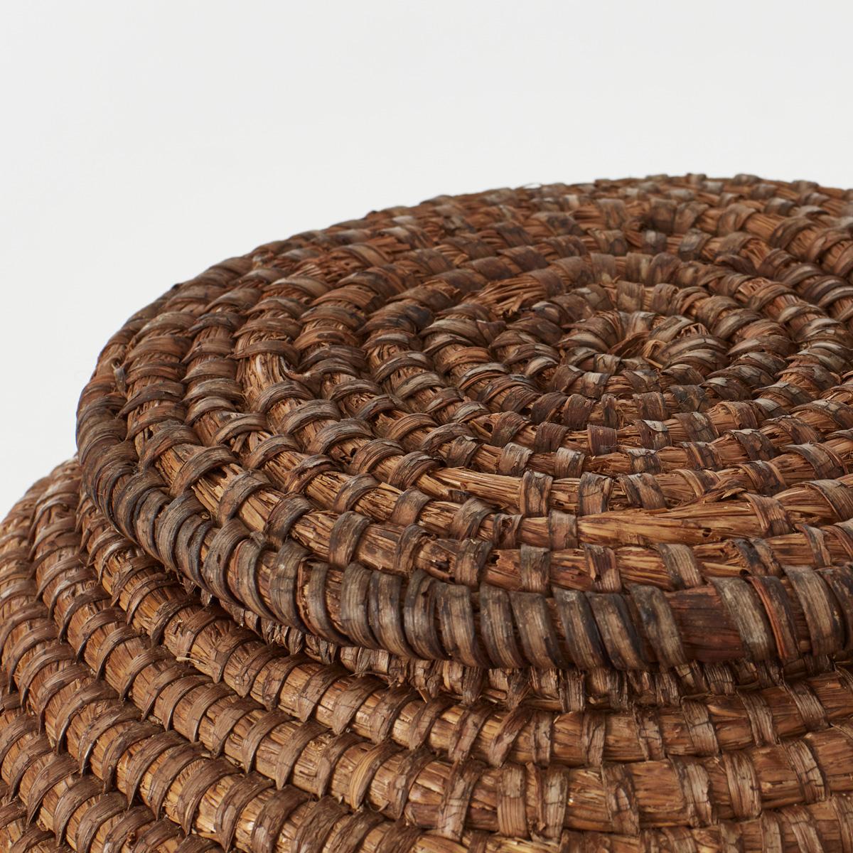 French Large 20th Century Vintage or Late Antique Round Rattan Basket with Lid 1 of 2