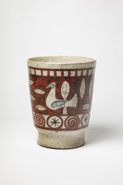 Large 20th century white and red bird ceramic vase or planter by Gustave Reynaud