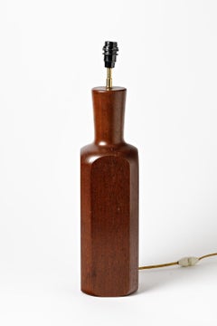 Large 20th Century Wood Table Lamp circa 1960 Brown Scandinavian Lighting
