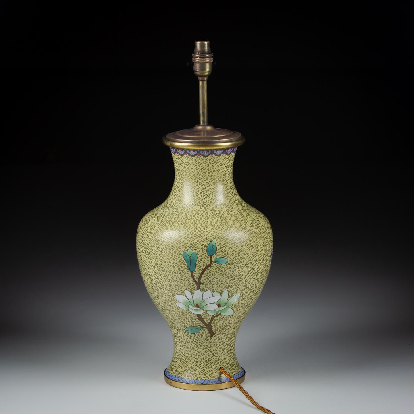 Large 20th Century Yellow Cloisonné Magpie Vase as a Lamp For Sale 5