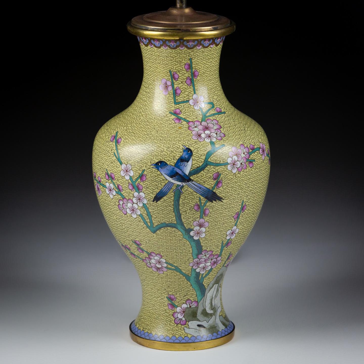 French Large 20th Century Yellow Cloisonné Magpie Vase as a Lamp For Sale